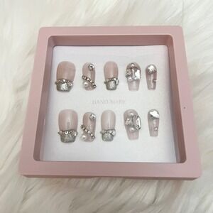 Handmade Press On Nail Rhinestones Small French Tip Silver Tip Pearl Nail Art XS